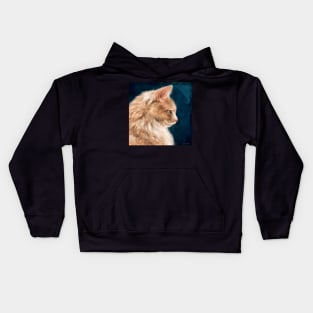 Painting of a Fluffy Orange Persian Cat on Dark Blue Background Kids Hoodie